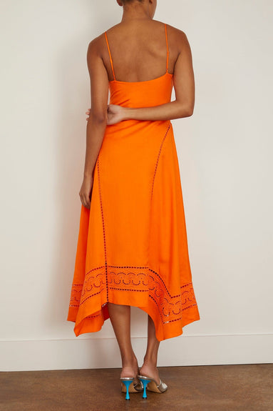 Simkhai Dresses Valeria Scarf Embroidered Handkerchief Midi Dress in Tangelo Simkhai Valeria Scarf Embroidered Handkerchief Midi Dress in Tangelo