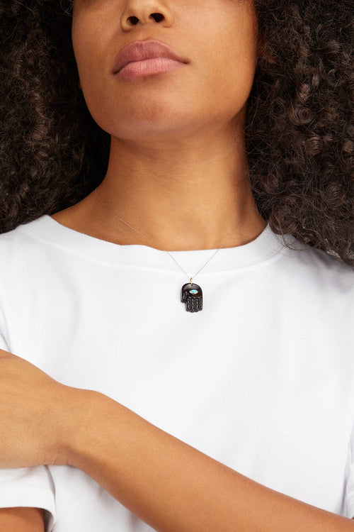 Theodosia Necklaces Black Onyx Hamsa Pendant with Turquoise Marquise