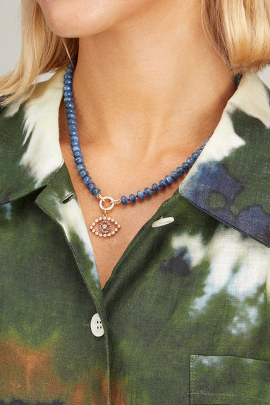 Vintage La Rose Necklaces Kyanite Knotted Chain with Pave O-Ring Clasp in 14k Yellow Gold Vintage La Rose Kyanite Knotted Chain with Pave O-Ring Clasp in 14k Yellow Gold