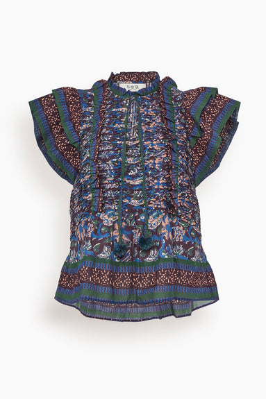 Sea Tops Noah Print Flutter Sleeve Pintucked Top in Navy