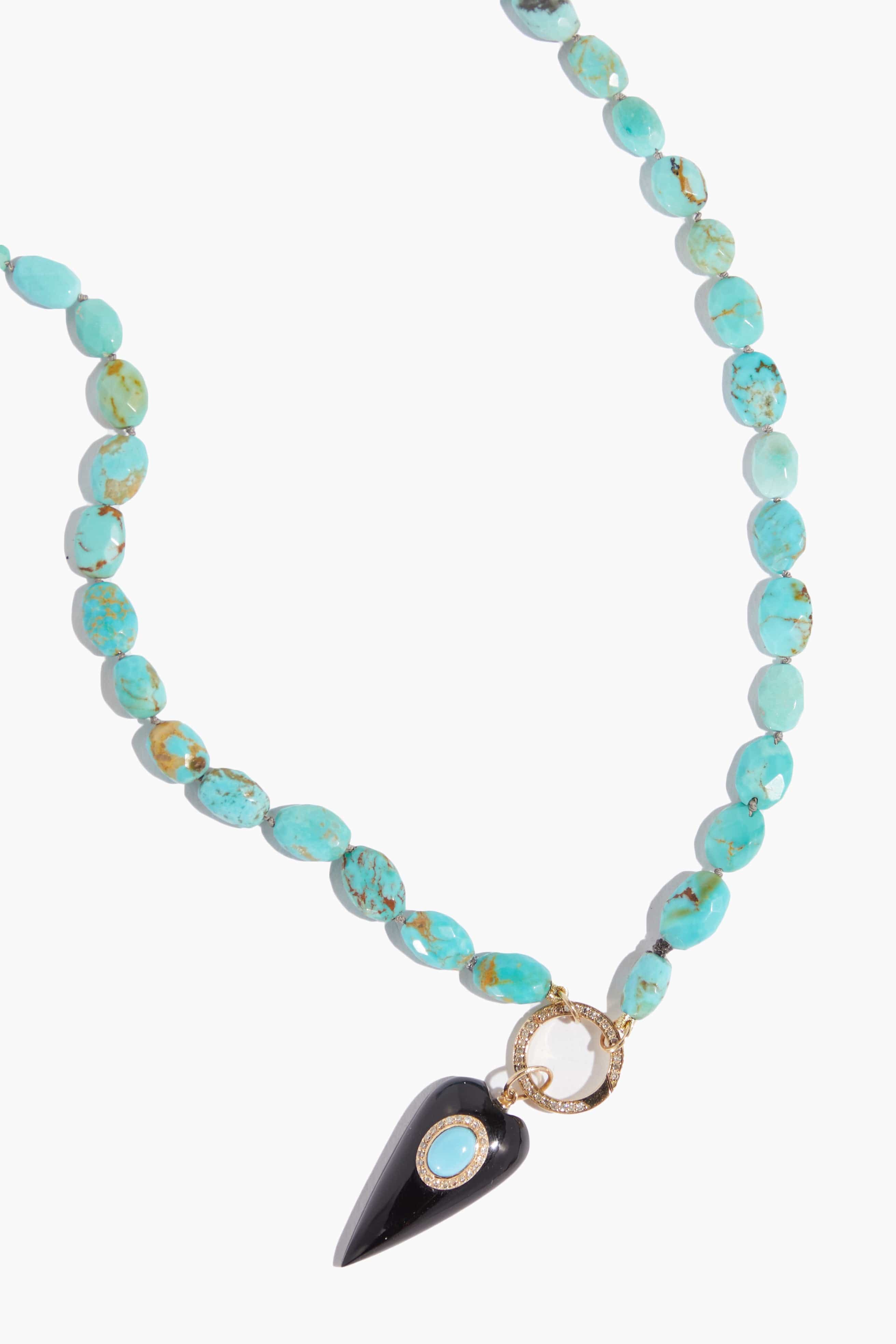 Theodosia Necklaces Turquoise on Silk Cord with Round Connector and Black Heart Pendant