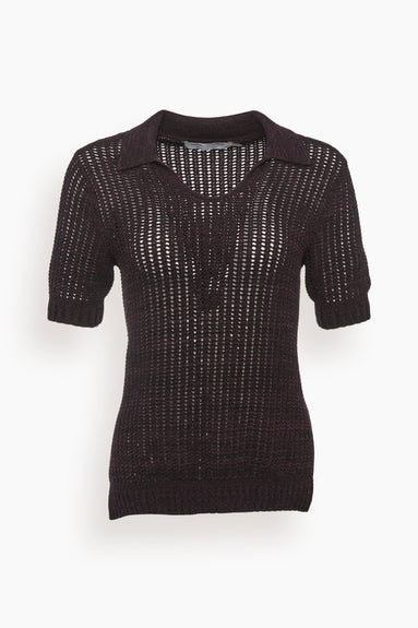 Cotton Silk Pique Polo Top in Black/Plum