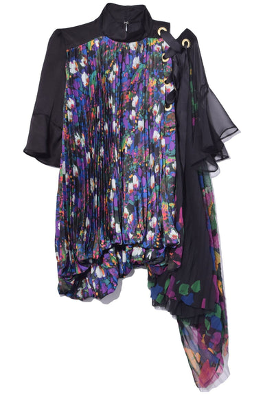 Sacai Clothing Flower Print Satin Pleated Top in Black