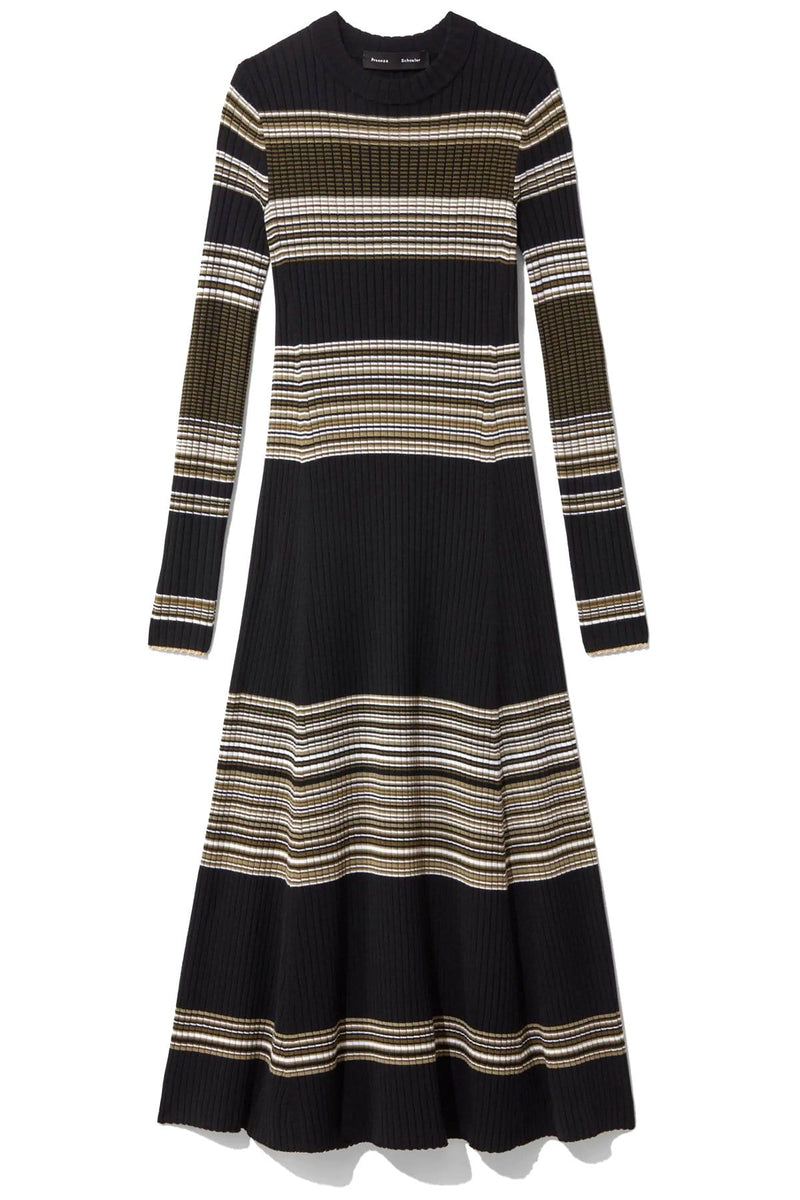 Long Sleeve Striped Rib Knit Dress in Black/Khaki