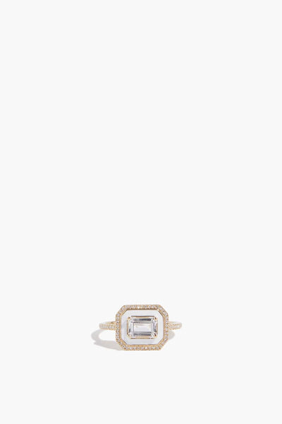 White Topaz East West White Enamel Pave Diamond Halo Ring in 14k Yellow Gold