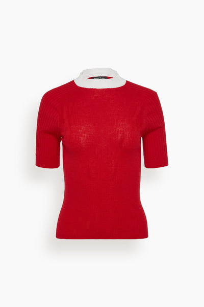 Short Sleeve Mock Neck Knit Top in Red/White