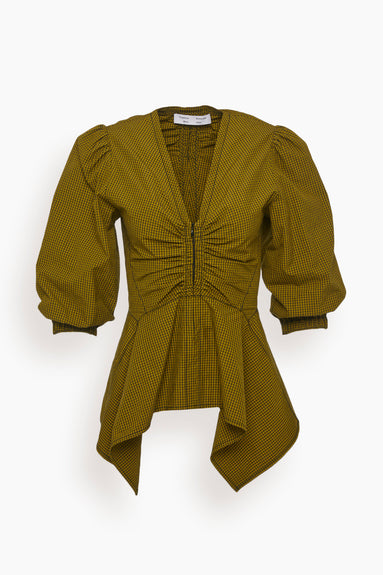 Plaid Poplin Puff Sleeve Top in Olive/Black