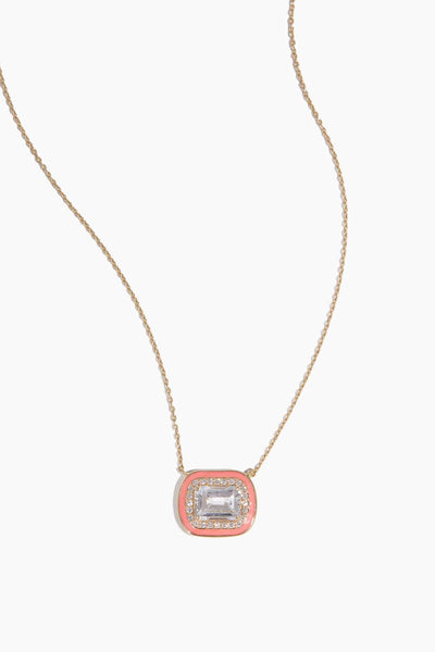 White Topaz Diamond Halo Pink Enamel Necklace in 14k Yellow Gold