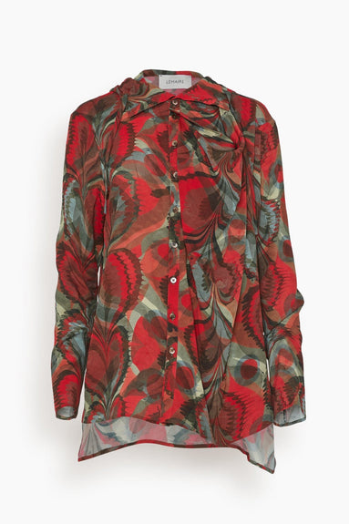 Lemaire Tops Printed Asymmetric Hooded Top in Red Ink Beige