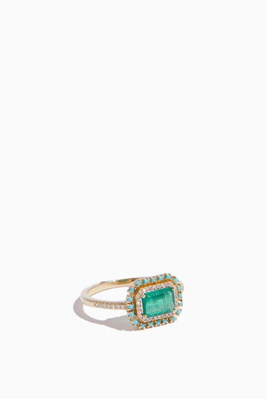 Samira 13 Rings East West Emerald Diamond and Turquoise Halo Ring