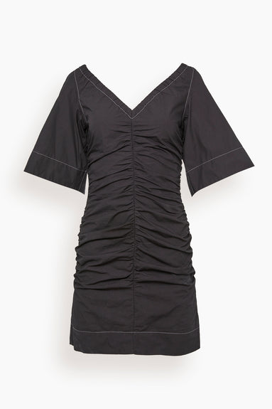Cotton Poplin V-Neck Fitted Mini Dress in Black