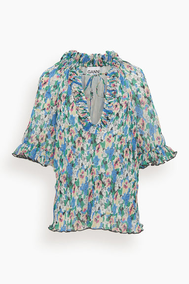 Pleated Georgette Ruffle V-Neck Blouse in Floral Azure Blue