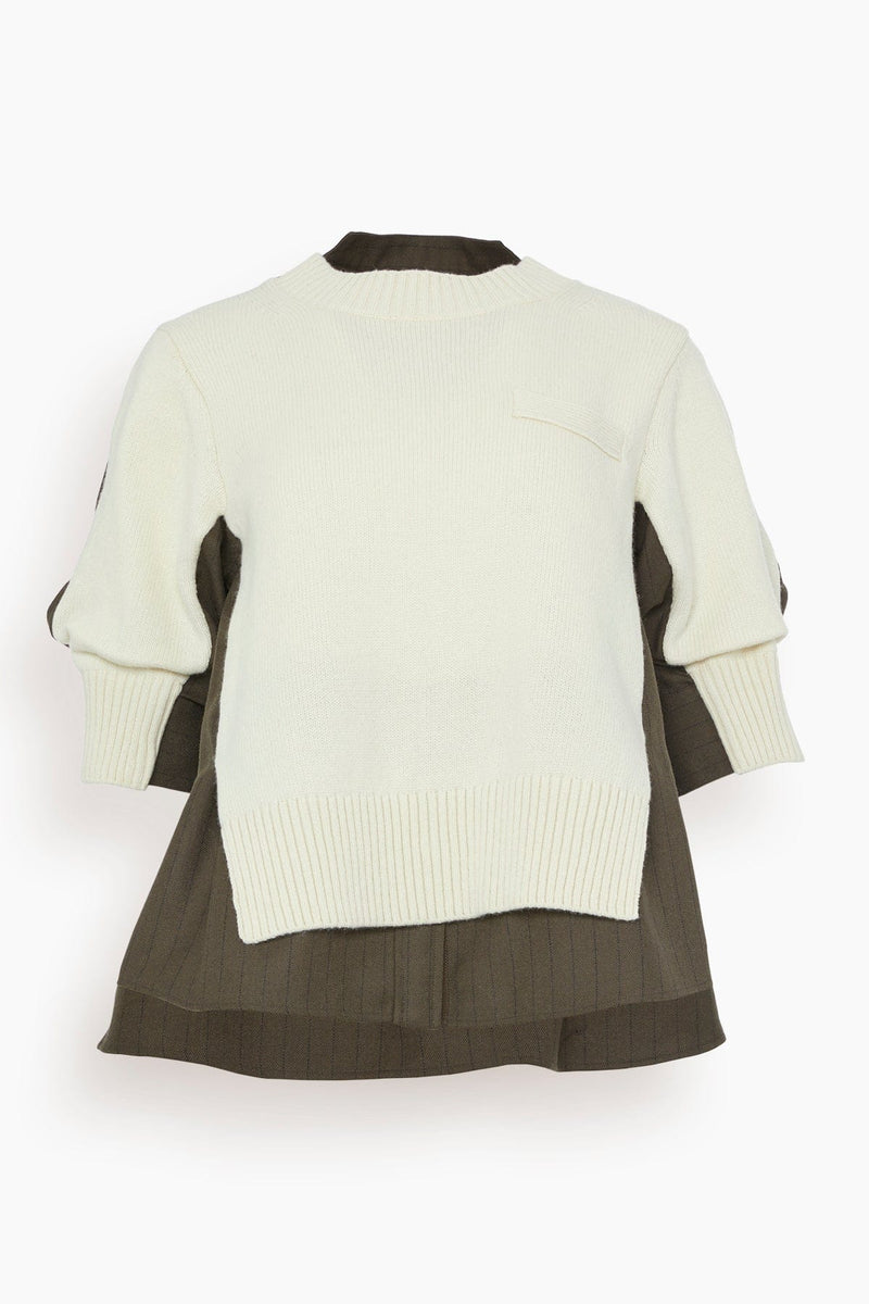 Sacai Chalk Stripe x Wool Knit Pullover in Off White/Khaki