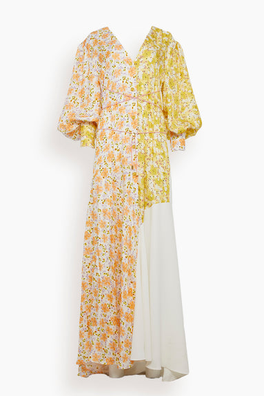 Elsie Long Sleeve V-Neck Dress in Yellow Floral/White
