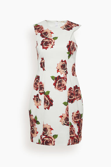 Printed Twill Flared Sheath Dress in Ivory Floral