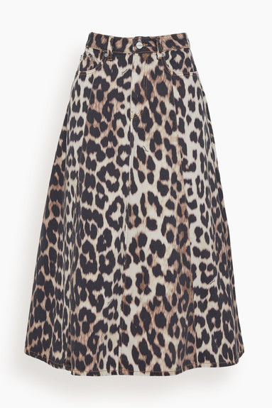 Ganni Skirts Print Denim High Waist A-line Skirt in Big Leopard Almond Milk