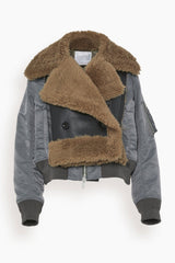 Sacai Faux Shearling x Nylon Twill Blouson in Black/Beige