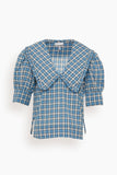 Seersucker Check V-Neck Ruffle Blouse in Azure Blue
