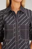 Lovebirds Dresses Godet Shirt Dress in Black Self Stripe