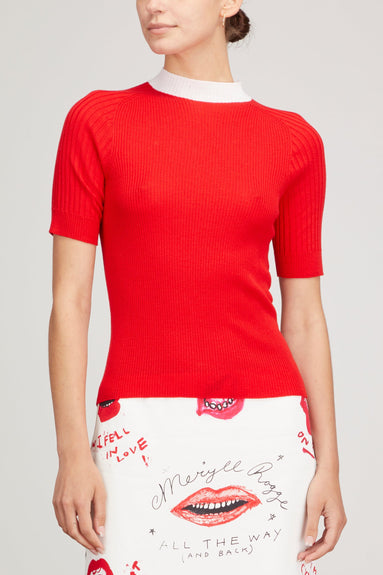 Meryll Rogge Tops Short Sleeve Mock Neck Knit Top in Red/White