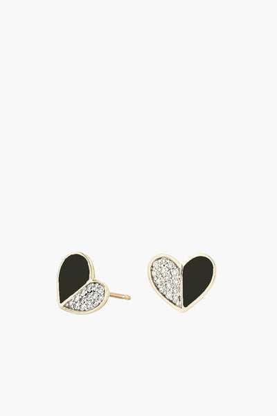Black Ceramic Pave Folded Heart Posts in Yellow Gold