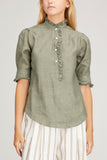 Ann Mashburn Tops Elbow Sleeve Frill Shirt in Sage Linen Ann Mashburn Elbow Sleeve Frill Shirt in Sage Linen