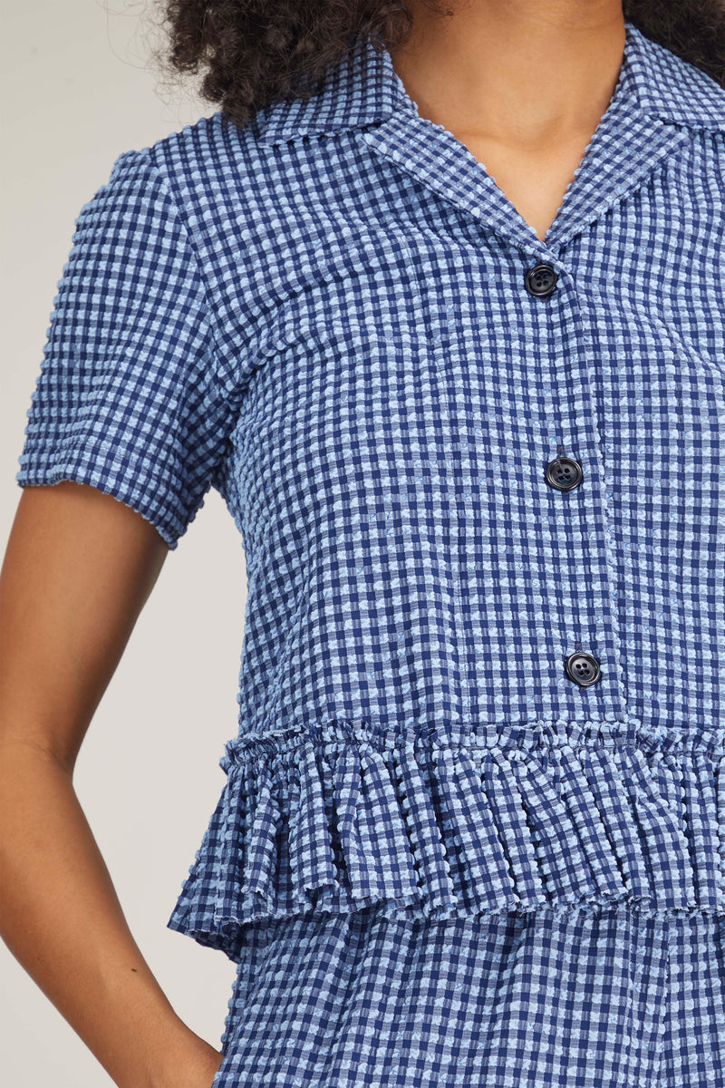 AVN Ruffle Blouse in Light Blue and Navy Check – Hampden Clothing