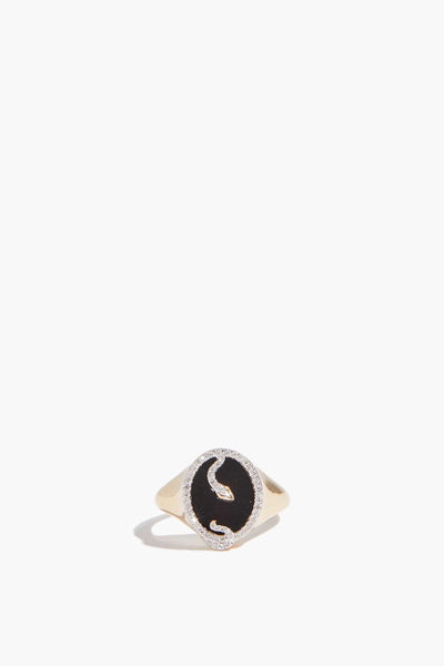 Onyx and Diamond Oval Snake Signet Ring in 14k Yellow Gold