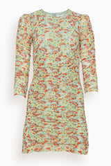 Ganni Printed Mesh O-neck Ruched Mini Dress in Meadow Celadon