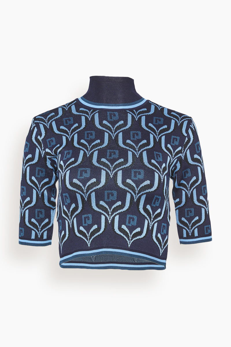 Paco Rabanne Cropped Turtleneck Knit Top in Blue Jacquard Logo