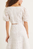 Carolina Herrera Tops Embroidery Shirred Puff Sleeve Cropped Blouse in White