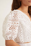 Carolina Herrera Tops Embroidery Shirred Puff Sleeve Cropped Blouse in White