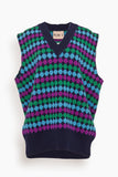 Plan C Sweaters V-Neck Jacquard Vest in Blue Multicolor