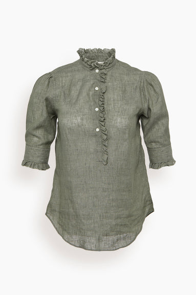 Elbow Sleeve Frill Shirt in Sage Linen