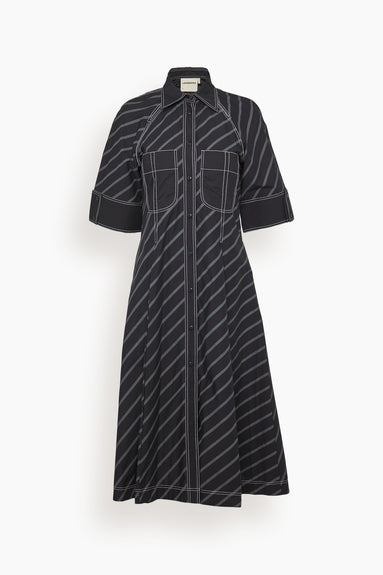 Godet Shirt Dress in Black Self Stripe