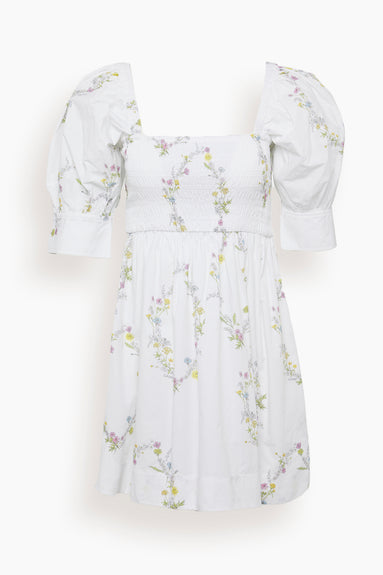 Printed Smocked Poplin Dress in Floral Shape Bright White