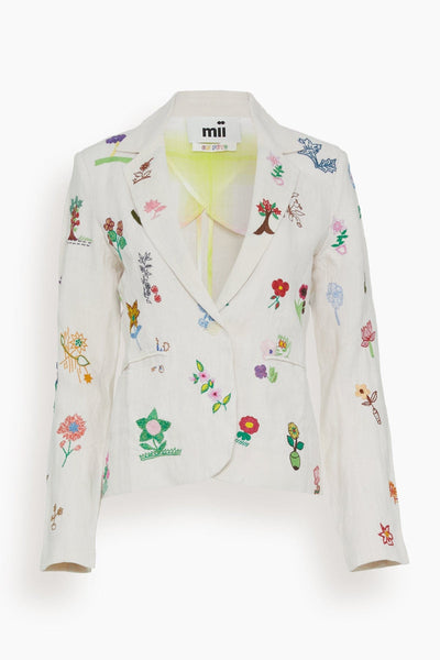 Hand Embroidered Linen Jacket in Off White