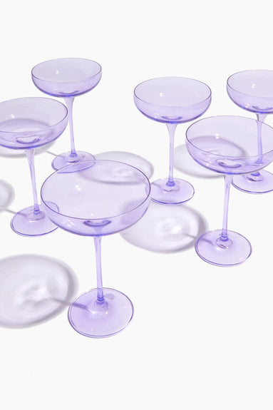 Estelle Colored Glass Glassware Colored Champagne Coupe Stemware in Lavender - Set of 6 Estelle Colored Glass Colored Champagne Coupe Stemware in Lavender - Set of 6