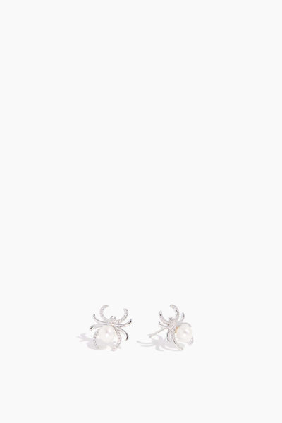 Diamond Spider Fresh Water Pearl Stud Earrings in 14k White Gold
