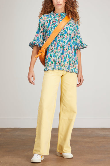 Ganni Tops Pleated Georgette Ruffle V-Neck Blouse in Floral Azure Blue Ganni Pleated Georgette Ruffle V-Neck Blouse in Floral Azure Blue