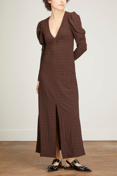 Ganni Dresses Stretch Seersucker V-Neck Maxi Dress in Chicory Coffee