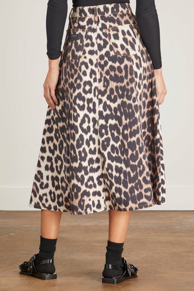 Ganni Skirts Print Denim High Waist A-line Skirt in Big Leopard Almond Milk