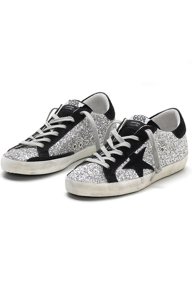 Golden Goose Shoes Superstar Sneaker in Silver Glitter/Black Suede Star