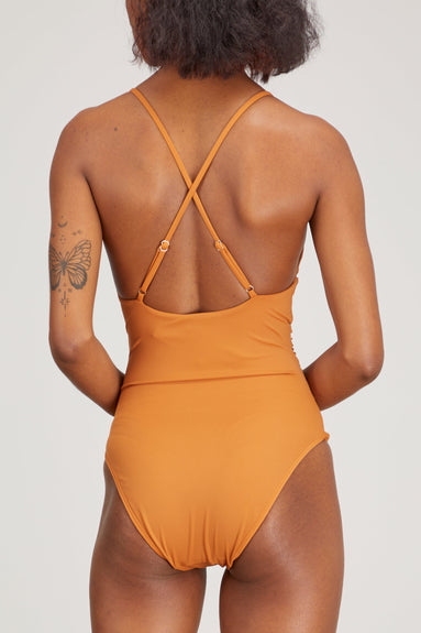 Jonathan Simkhai Swimwear Twilight Solid One Piece With Ruched Ring Belt in Terracotta Jonathan Simkhai Twilight Solid One Piece With Ruched Ring Belt in Terracotta