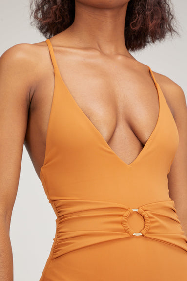 Jonathan Simkhai Swimwear Twilight Solid One Piece With Ruched Ring Belt in Terracotta Jonathan Simkhai Twilight Solid One Piece With Ruched Ring Belt in Terracotta