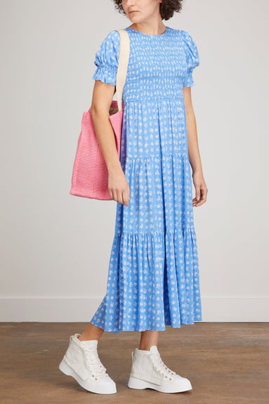 Kitri Dresses Persephone Shirred Dress in Blue Ditsy Floral