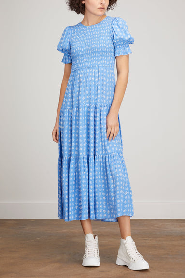 Kitri Dresses Persephone Shirred Dress in Blue Ditsy Floral