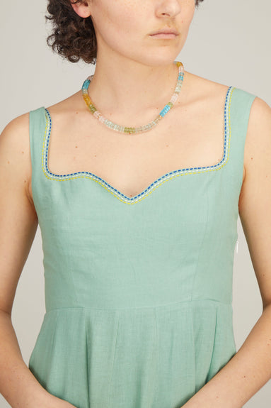 Mii Dresses Linen Hand Embroidered Dress in Green Amande