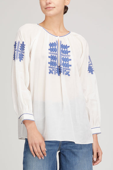 Nili Lotan Tops Lanette Embroidered Top in Cream with Blue