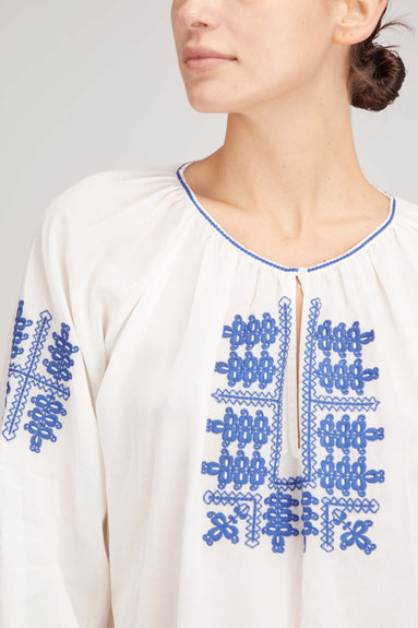 Nili Lotan Tops Lanette Embroidered Top in Cream with Blue